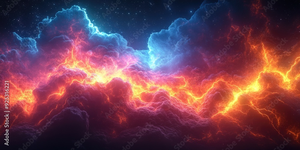 Abstract Cosmic Landscape with Glowing Red and Blue Clouds and Lightning Abstract Cosmic Landscape with Glowing Red and Blue Clouds and Lightning
