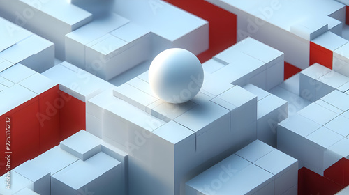 A minimalist 3D scene featuring a white sphere on a geometric structure with red accents.