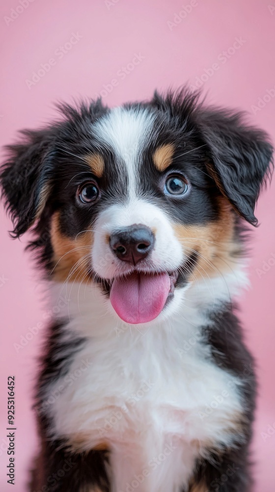 Funny and hungry Australian Shepherd licking his lips with his tongue on pink pastel background. Funny and hungry Australian Shepherd licking his lips with his tongue on pink pastel background.