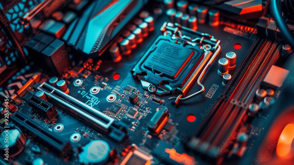 Close-up of a Computer Motherboard with Red and Blue Lighting Close-up of a Computer Motherboard with Red and Blue Lighting