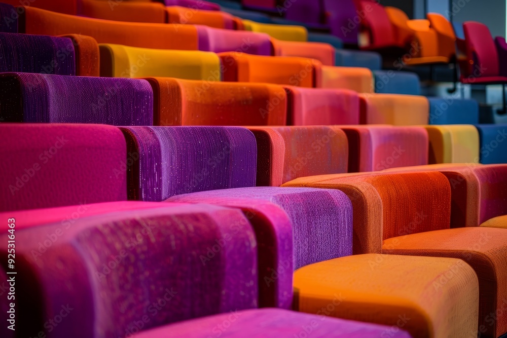 Obraz premium A row of colorful chairs arranged next to each other in a tiered formation, Rows of plush seating arranged in a tiered formation
