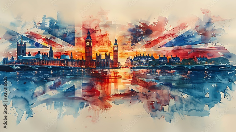 Watercolor depiction of the Union Jack, flowing gracefully against a soft background with faint outlines of London’s iconic buildings, including the Shard and the Houses of Parliament, Watercolor depiction of the Union Jack, flowing gracefully against a soft background with faint outlines of London’s iconic buildings, including the Shard and the Houses of Parliament,