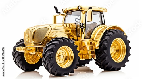 Golden tractor with big wheels isolated on white. Neural network ai generated art