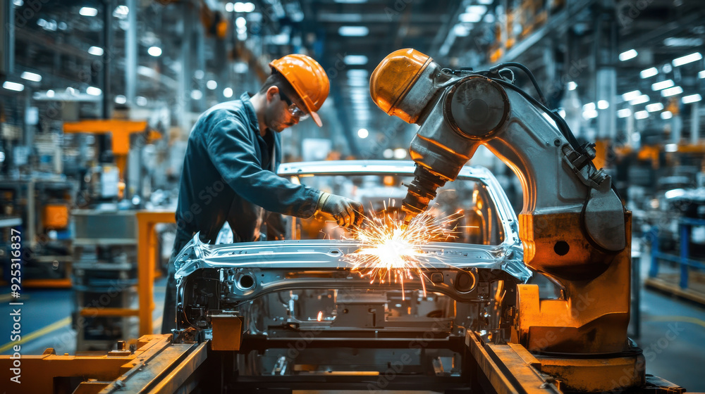 Robotic arms assembling car parts on a production line in a modern factory Robotic arms assembling car parts on a production line in a modern factory