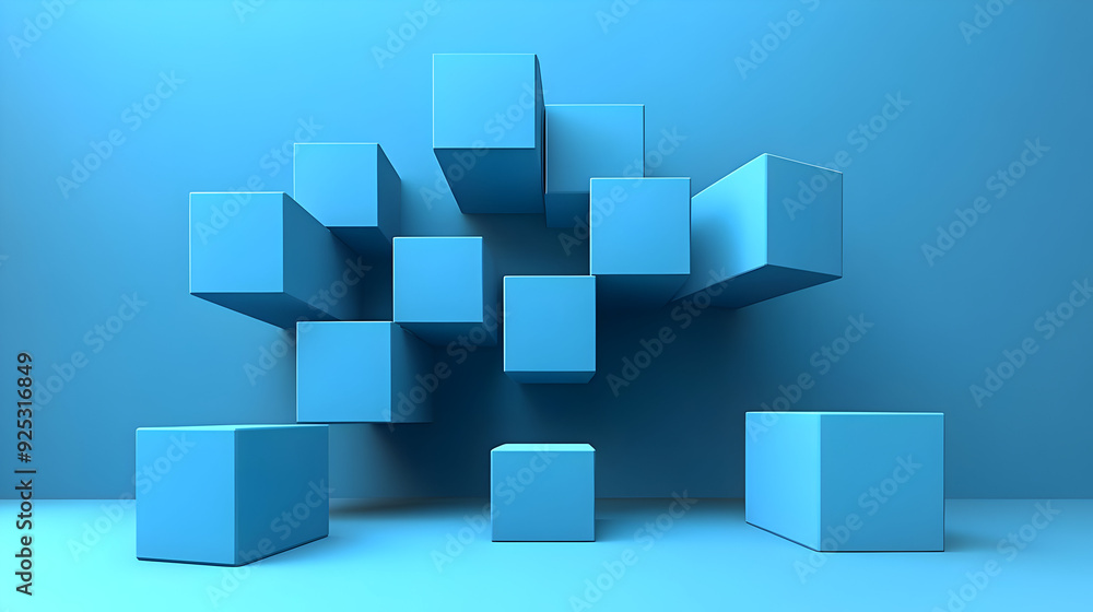 A minimalist arrangement of blue cubes against a blue background, creating a modern aesthetic. A minimalist arrangement of blue cubes against a blue background, creating a modern aesthetic.