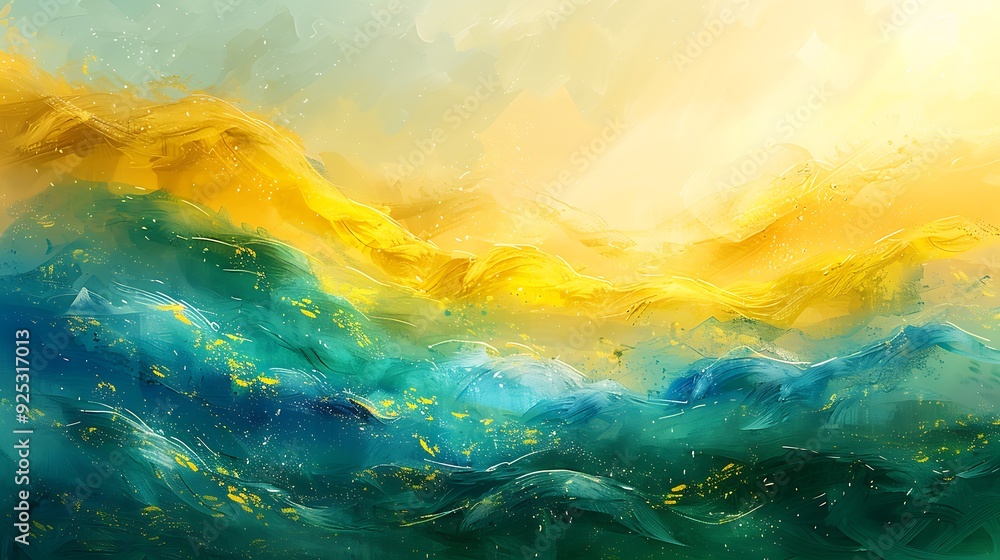 © LuvTK - Watercolor illustration of a large Brazilian flag, vibrant green, yellow, and blue colors, fluttering gracefully in the wind against a soft,