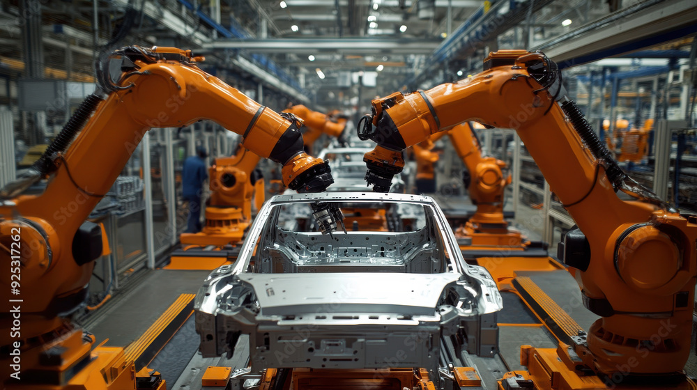 Robotic arms assembling car parts on a production line in a modern factory Robotic arms assembling car parts on a production line in a modern factory