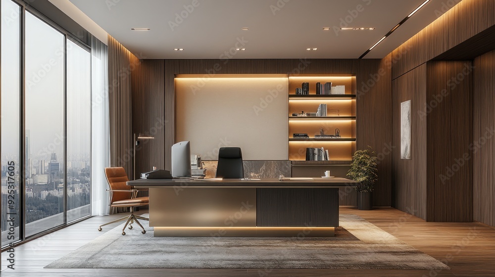 custom made wallpaper toronto digitalModern Office Interior with Desk, City View, and Wood Paneling