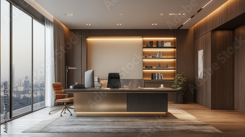 Wallpaper Mural Modern Office Interior with Desk, City View, and Wood Paneling Torontodigital.ca