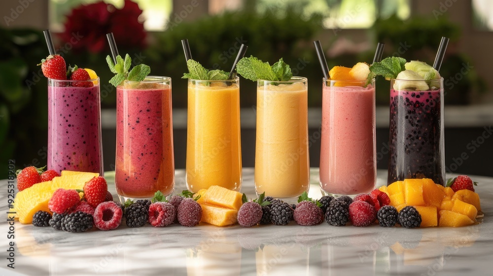 Fruit smoothies in glasses, fresh organic fruits and berries on a marble table. a healthy lifestyle Fruit smoothies in glasses, fresh organic fruits and berries on a marble table. a healthy lifestyle