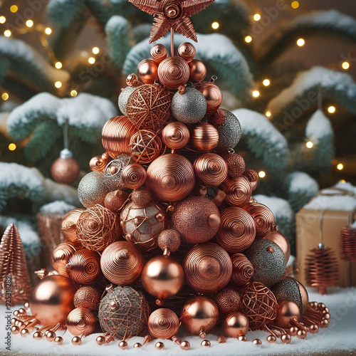 Calm Festive Christmas Tree Holiday Decoration Gift Item Constructed Gleams from Shimmering Glossy Shiny Intricate Metallic Materials Copper CU Baubles Balls Ornaments. Holiday Greeting Card, Postcard photo