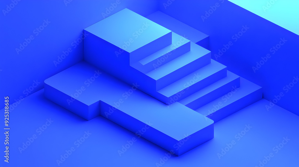 A minimalist blue geometric structure featuring stairs and platforms. A minimalist blue geometric structure featuring stairs and platforms.