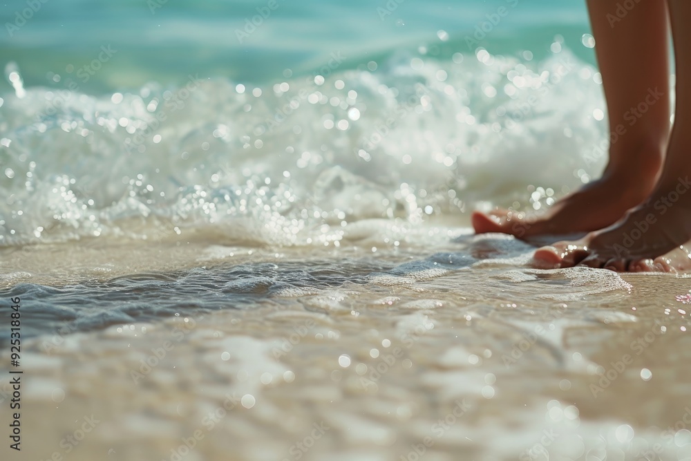 Persons feet covered in sand on a beach day, Sand between toes on a beach day Persons feet covered in sand on a beach day, Sand between toes on a beach day