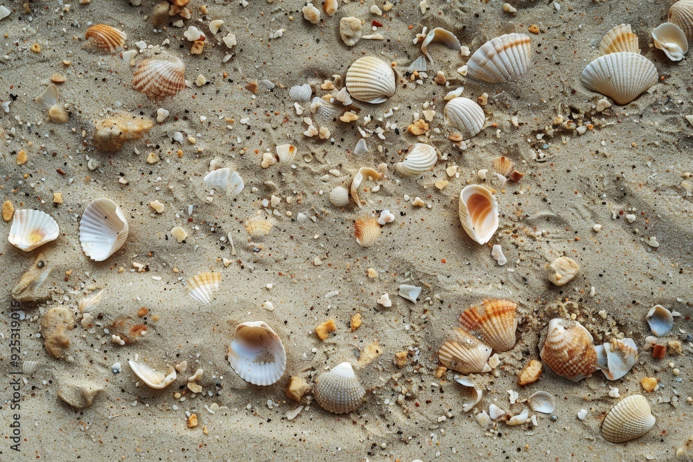 Various seashells scattered across sandy beach ground, Sandy ground with a loose, granular feel and scattered shells Various seashells scattered across sandy beach ground, Sandy ground with a loose, granular feel and scattered shells
