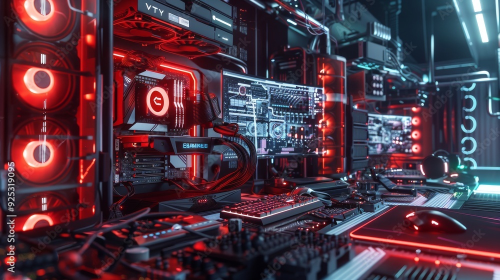 Futuristic Gaming Setup with Red RGB Lighting Futuristic Gaming Setup with Red RGB Lighting