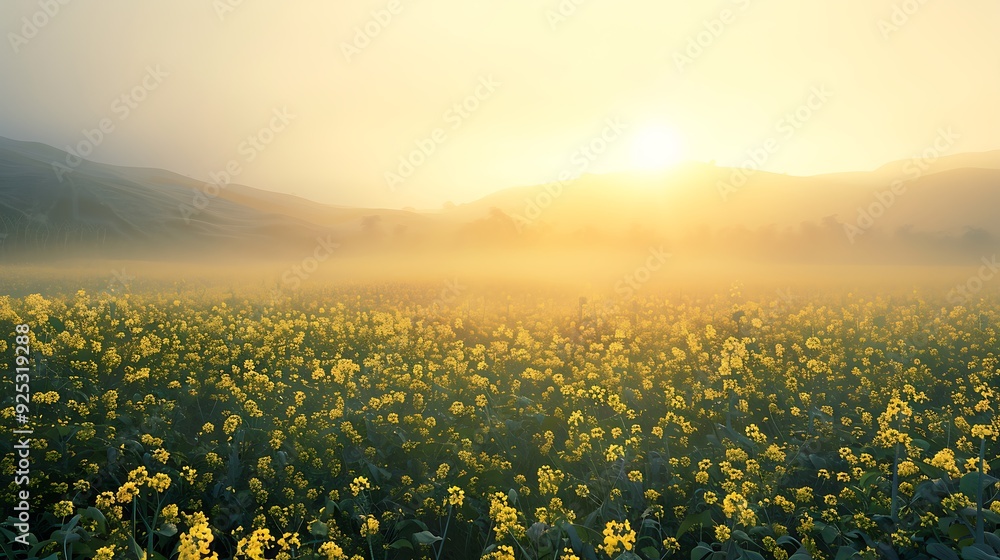 Obraz premium Dawn mist covering a mustard field at daybreak