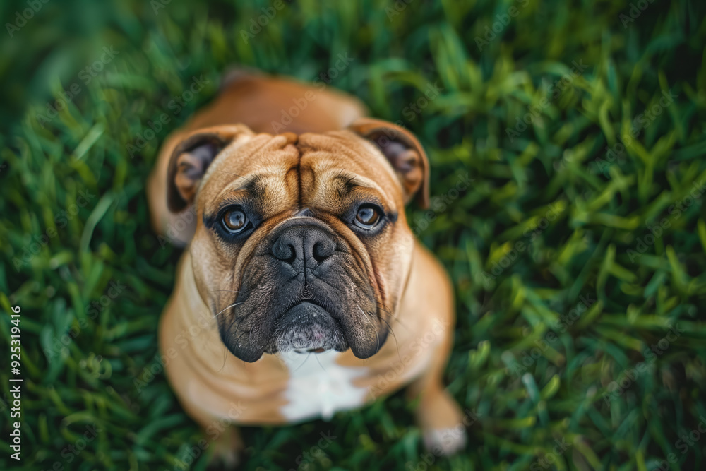 Bulldog looking up with an expressive face, sitting on green grass, highlighting the breed's characteristic features and endearing personality Bulldog looking up with an expressive face, sitting on green grass, highlighting the breed's characteristic features and endearing personality