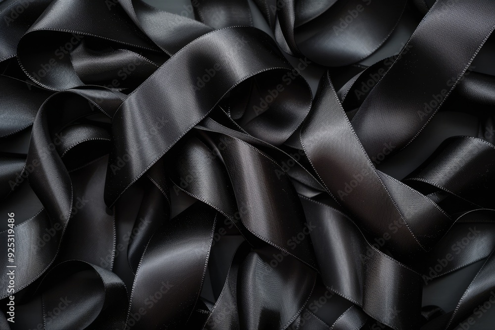 Obraz premium Black satin ribbon gathered in a pile on a tabletop, Satiny black ribbon twisting and curling in elegant loops