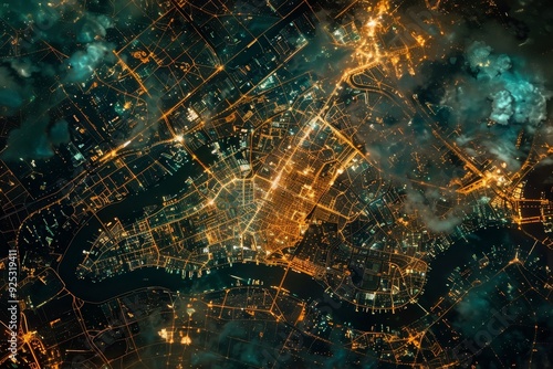 Aerial View of City Lights at Night, Satellite imagery capturing a cityscape at night, with thermal signatures revealing hidden movement