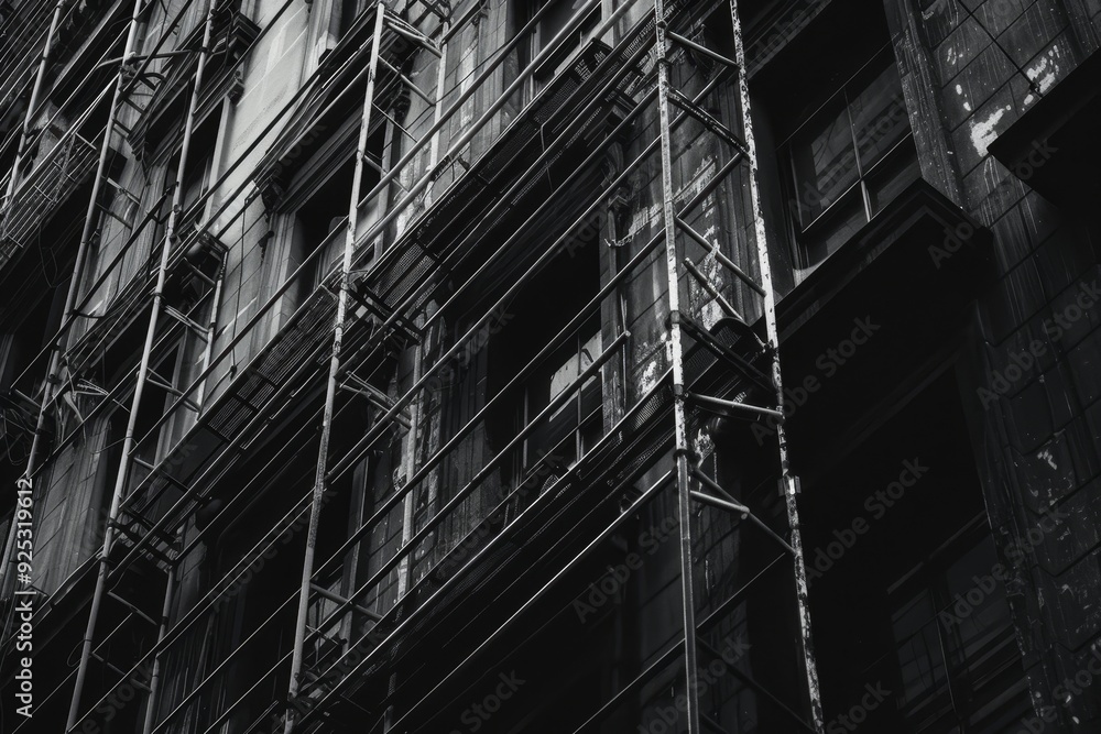 Black and white photo of a building with scaffolding covering its sides as workers repair and renovate the structure, Scaffolding climbing up the sides of the building Black and white photo of a building with scaffolding covering its sides as workers repair and renovate the structure, Scaffolding climbing up the sides of the building