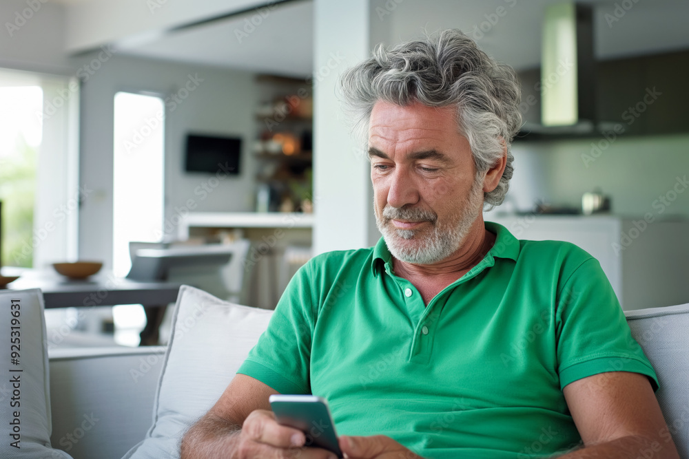 Mature man sitting comfortably in a modern home, reading or reflecting, representing relaxation and contentment in a peaceful domestic environment Mature man sitting comfortably in a modern home, reading or reflecting, representing relaxation and contentment in a peaceful domestic environment