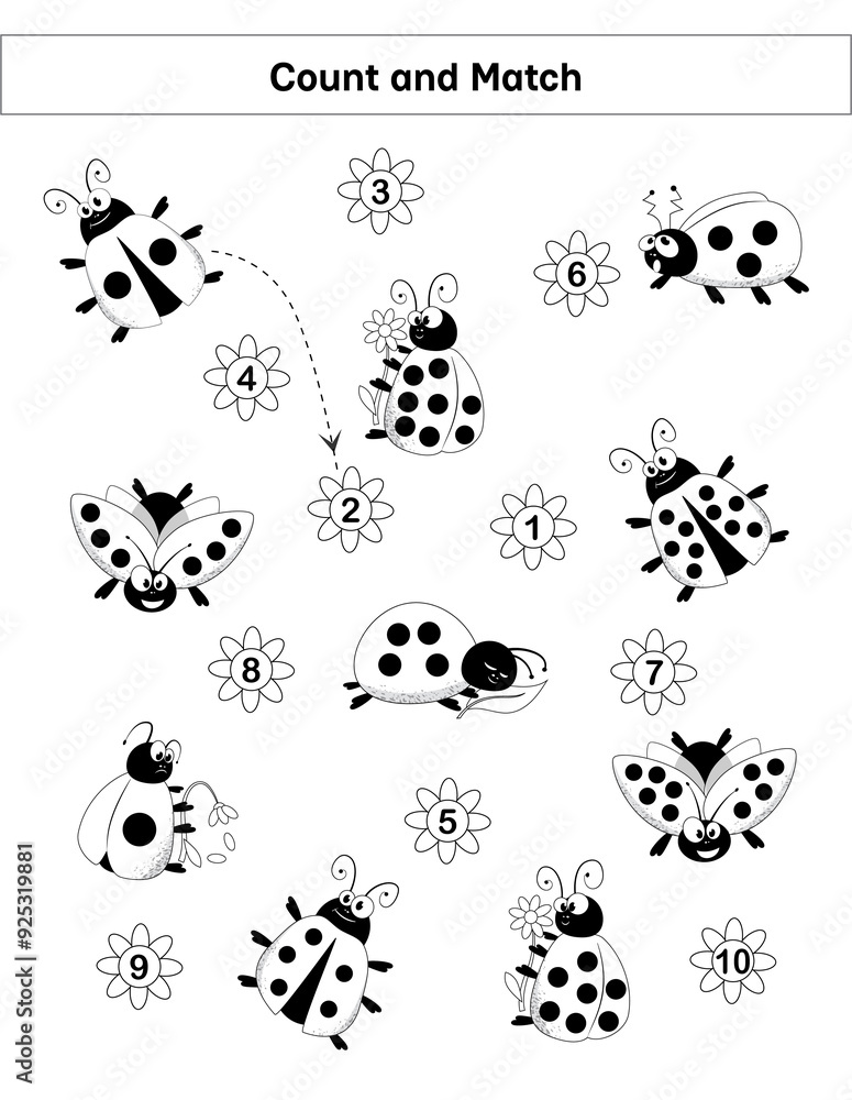 Count and match kids math activity sheet. How many counting game with ladybugs dots. worksheet for preschool kids, kids activity sheet, printable worksheet, coloring page Count and match kids math activity sheet. How many counting game with ladybugs dots. worksheet for preschool kids, kids activity sheet, printable worksheet, coloring page