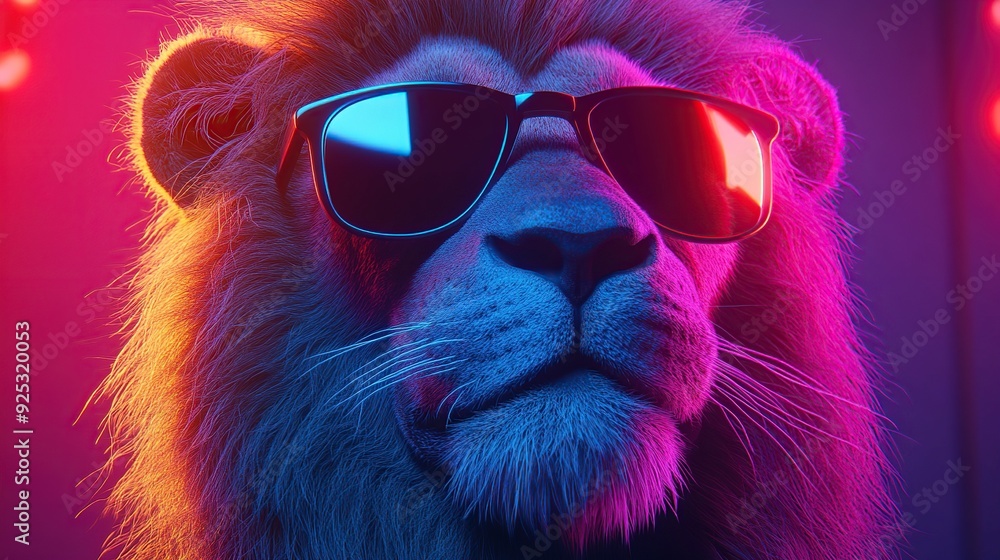 A close-up of a lion's face, illuminated in vibrant pink and blue light. The lion is wearing sunglasses, looking cool and composed. A close-up of a lion's face, illuminated in vibrant pink and blue light. The lion is wearing sunglasses, looking cool and composed.