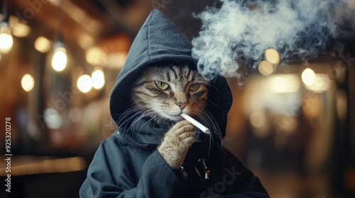 A Tabby Cat Wearing a Black Hoodie Smokes a Cigarette