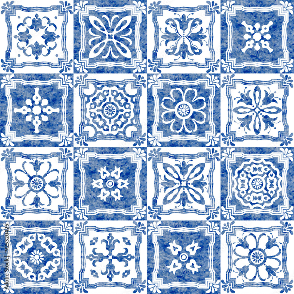 Watercolor seamless pattern of blue tiles with geometrical and floral ornaments in azulejo ceramic style