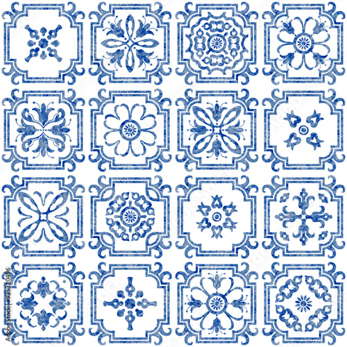 Patchwork seamless pattern of tiles with blue watercolor geometrical and floral ornaments 