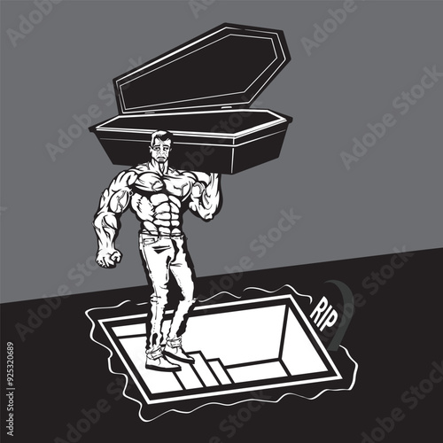 Illustration of a Man Carrying a Coffin on His Shoulder and Entering a Grave