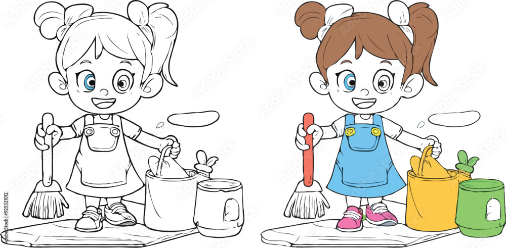 coloring page simple drawing of cartoon character clean up the house, coloring book coloring page simple drawing of cartoon character clean up the house, coloring book