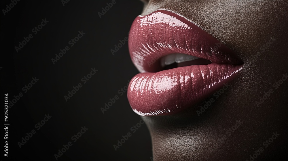 Vibrant Glossy Pink Lips: A Stunning Close-Up Perfect for Sporty Interior Posters, Showcasing Smooth Texture and Fullness in Dramatic Lighting Against a Dark Backdrop. Vibrant Glossy Pink Lips: A Stunning Close-Up Perfect for Sporty Interior Posters, Showcasing Smooth Texture and Fullness in Dramatic Lighting Against a Dark Backdrop.