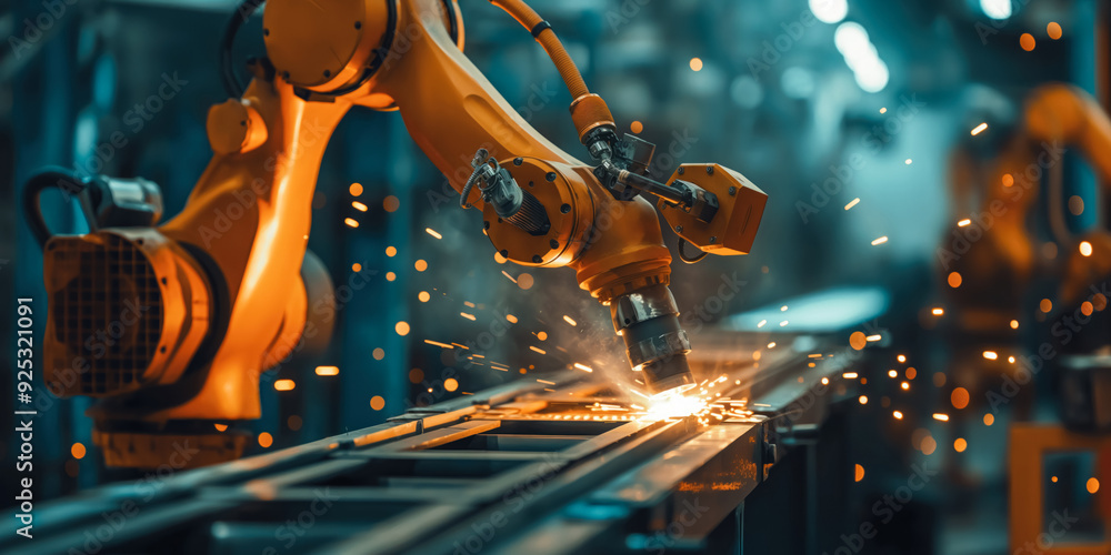 Robotic arms working on an industrial production line, with sparks ...