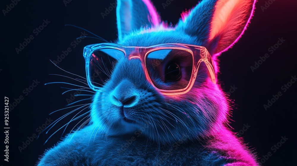 A close-up of a rabbit wearing sunglasses, illuminated in a vibrant blue and pink light. A close-up of a rabbit wearing sunglasses, illuminated in a vibrant blue and pink light.