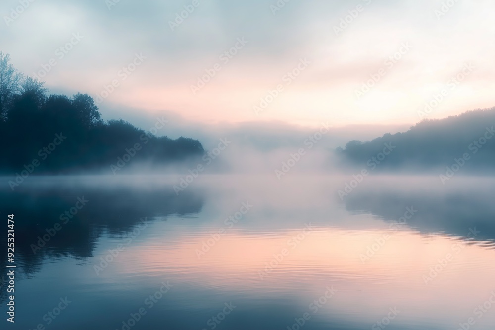 Obraz premium A tranquil lakeside at dawn with soft pastel colors and mist rising from the water
