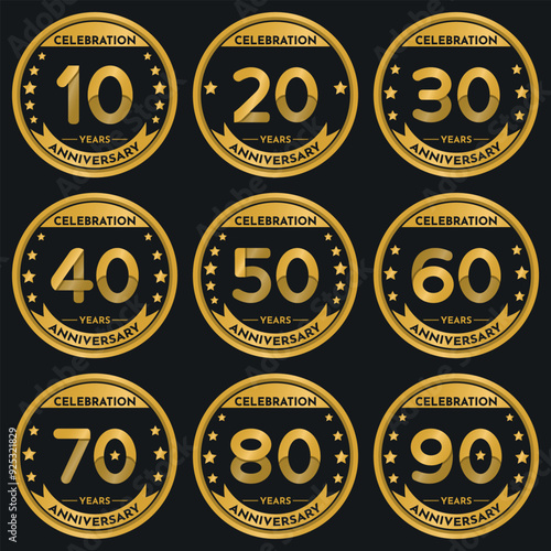 Celebration 10 to 90 Years Anniversary - Gold and Transparent Seals in Circular Shape