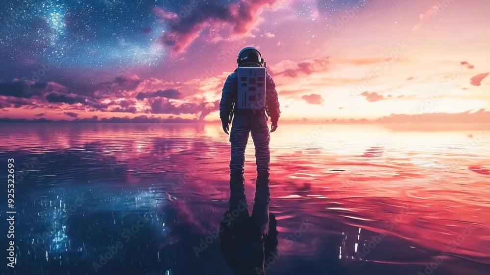 Astronaut standing on ethereal waters reflecting stars and vibrant sky at dusk Astronaut standing on ethereal waters reflecting stars and vibrant sky at dusk