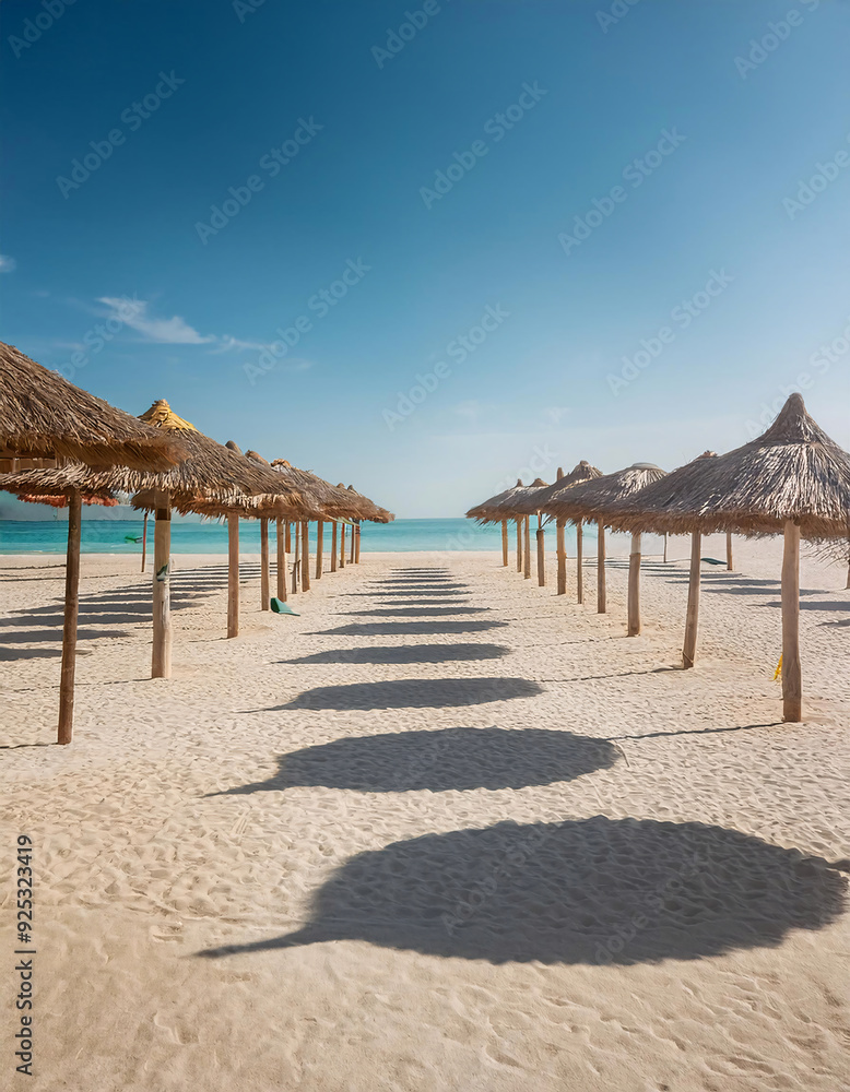 Fototapeta premium Sunny beachscape with straw umbrellas casting shadows on sand