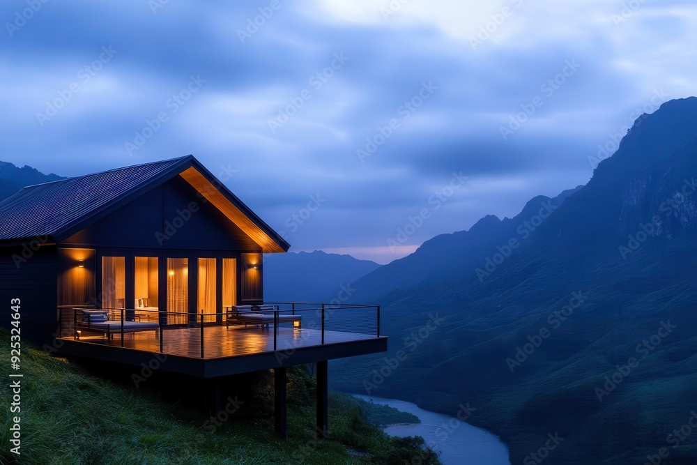 A serene mountain cabin at twilight, surrounded by majestic peaks and a tranquil river, offering a perfect escape into nature. A serene mountain cabin at twilight, surrounded by majestic peaks and a tranquil river, offering a perfect escape into nature.