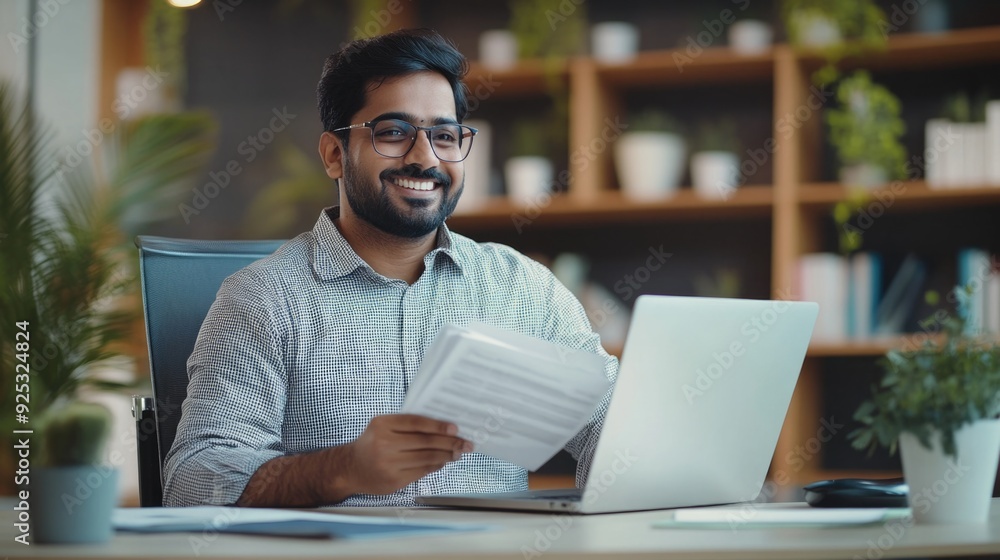 Smiling businessman holding stack of papers at desk with laptop and plants in background. Smiling businessman holding stack of papers at desk with laptop and plants in background.