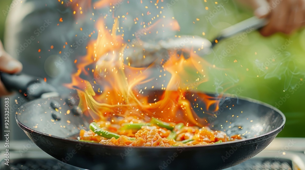 A man is cooking food in a pan with a lot of fire A man is cooking food in a pan with a lot of fire