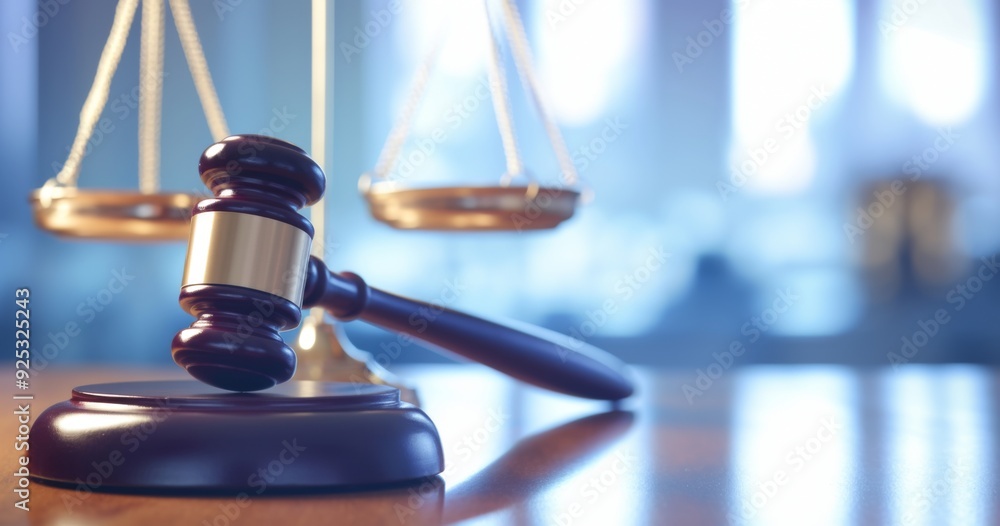 Gavel and Scales of Justice on Wooden Table with Blurred Background - Law and Studies Concept in Flat Lay Composition Gavel and Scales of Justice on Wooden Table with Blurred Background - Law and Studies Concept in Flat Lay Composition