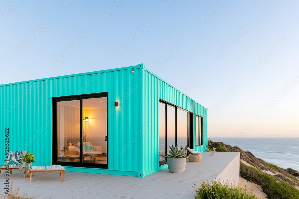 Fototapeta premium coastal shipping container home with a bright blue exterior, perched on a cliffside overlooking the ocean