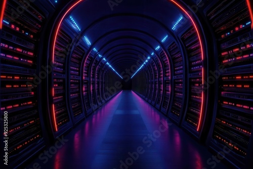 Futuristic server corridor illuminated with vibrant neon lights and deep shadows, creating a mysterious and high-tech atmosphere.