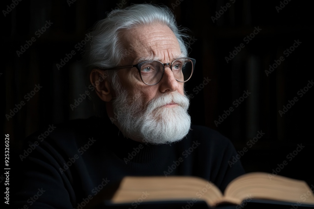 Pensive elderly man with a white beard and glasses, immersed in thought while reading a book in a cozy, dimly lit environment. Pensive elderly man with a white beard and glasses, immersed in thought while reading a book in a cozy, dimly lit environment.