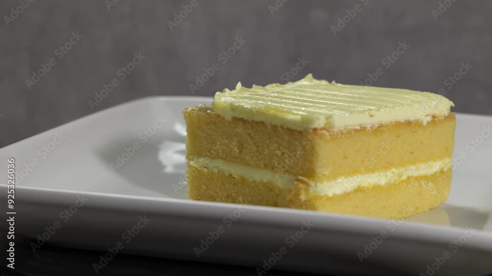 A Medium Wide shot of a slice of Yellow Cake rotating clockwise on a Table. Shot in 4K on a Panasonic Lumix S5iiX. A Medium Wide shot of a slice of Yellow Cake rotating clockwise on a Table. Shot in 4K on a Panasonic Lumix S5iiX.