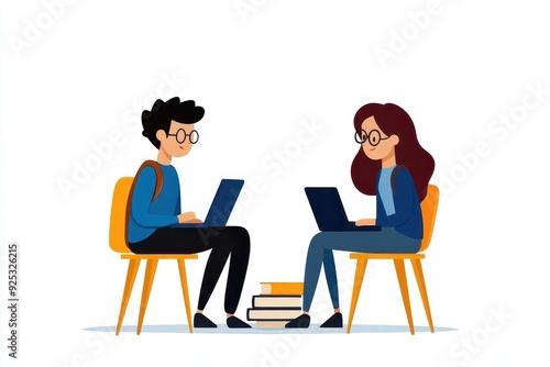 Two students working collaboratively on laptops, surrounded by books. Ideal for educational and workspace themes.