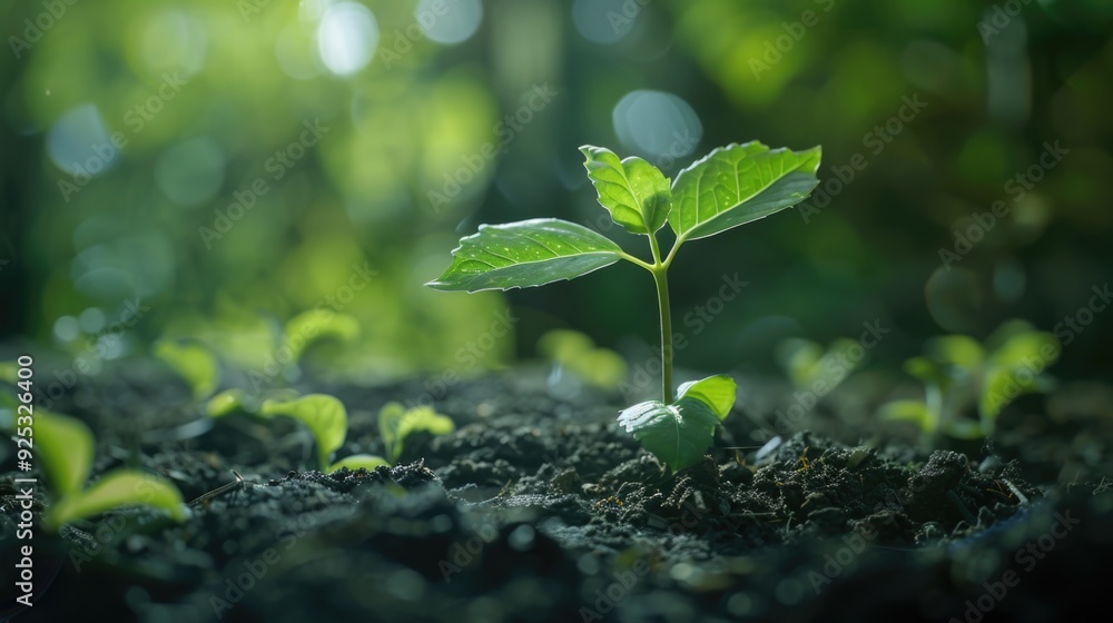 Seedlings sprouting from soil in a dense forest. Seedlings sprouting from soil in a dense forest.