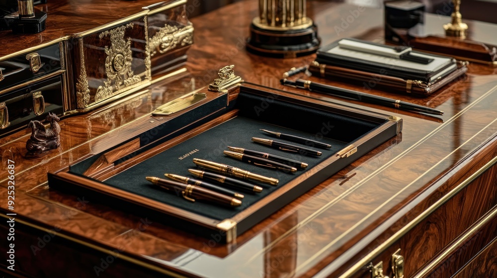 Fototapeta premium Luxury Pens Displayed in Intricate Wooden Box